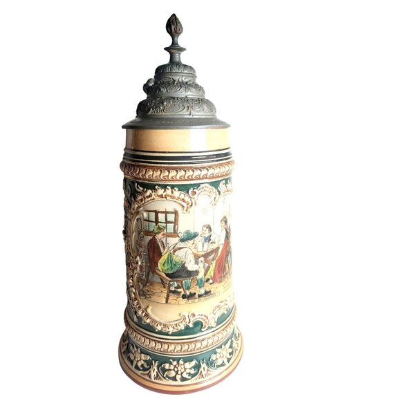 Antique Ceramic German Beer Stein Jakob Goldschmidt 1807 Hand-Painted Pewter Lid - Picture 2 of 16